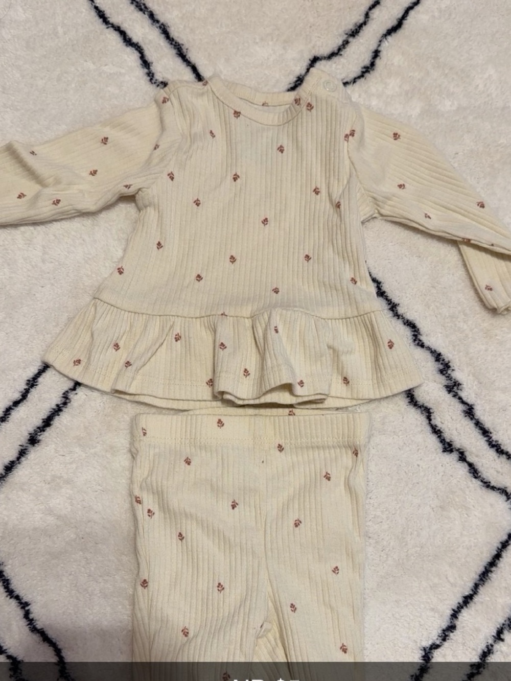 Soft Cream Ribbed Baby Pajama Set with Pink Floral Print